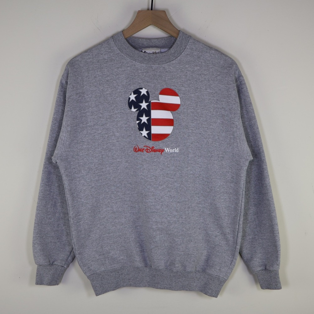 Vintage Walt Disney World Mickey Mouse American Flag Sweatshirt Gray Mens Medium